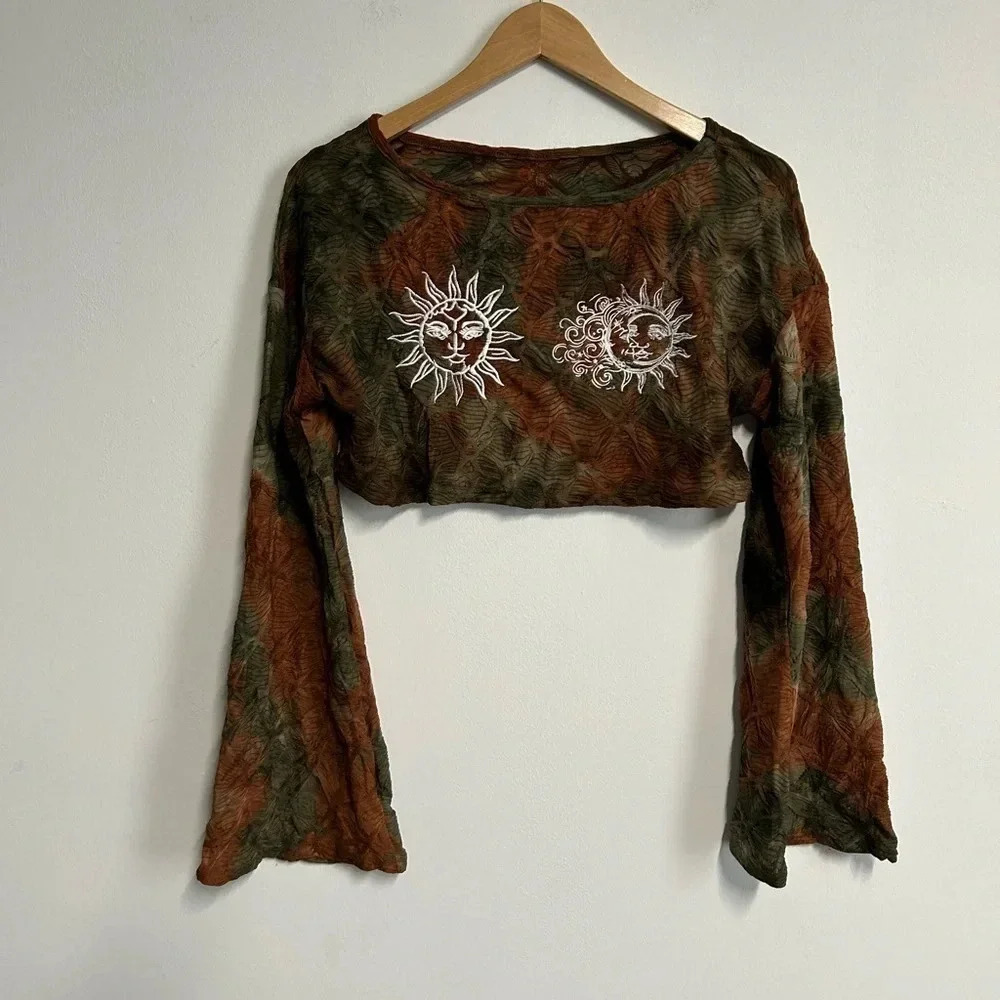 Women’s Small Tie dye Cropped Top Boho Grunge Whimsigoth Sun‎ Sheer Bell Sleeve